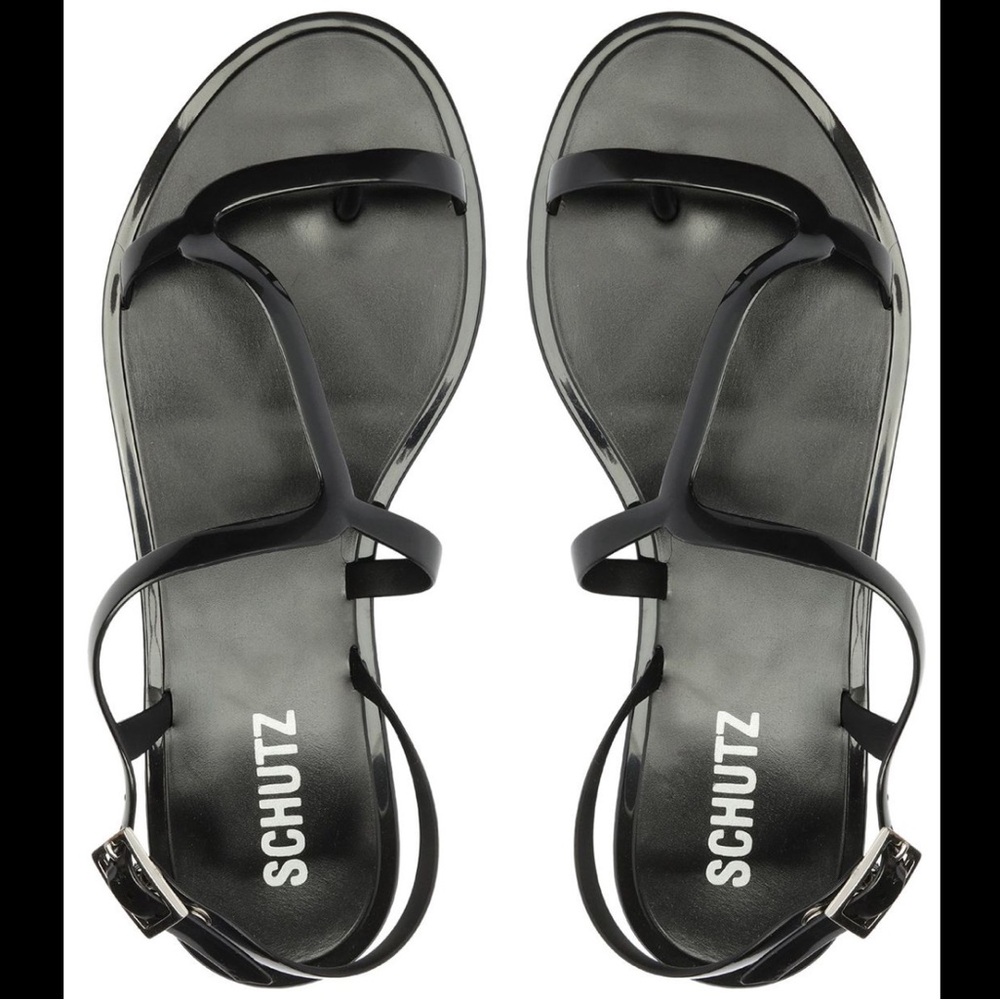 SCHUTZ Tanner Black Jelly Strappy Flat Sandals